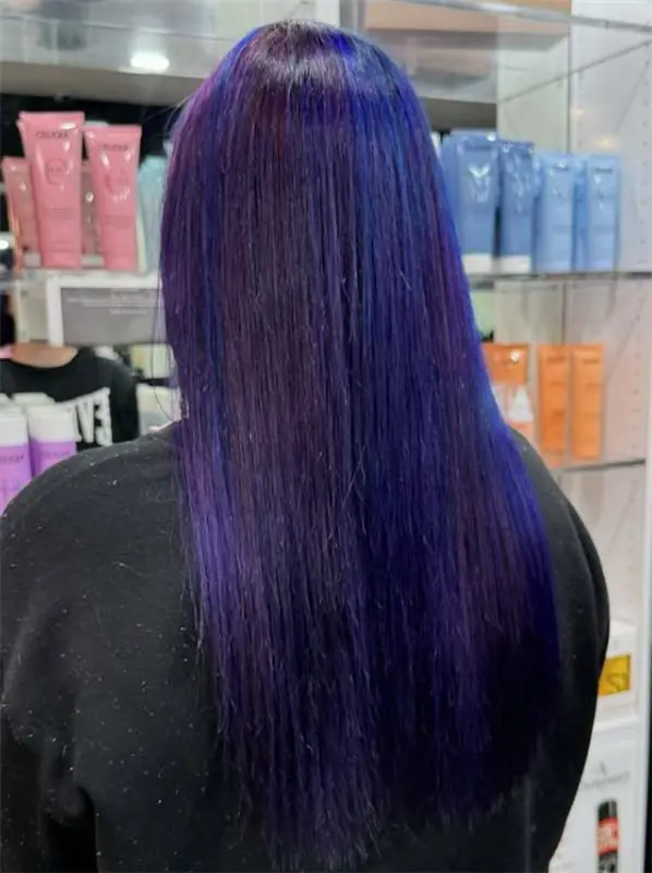 Long straight hair coloured deep violet and blue, photographed from the back
